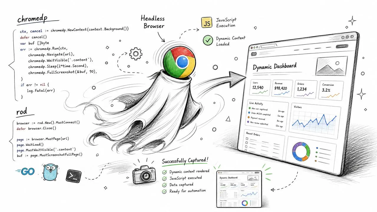An illustration comparing Golang libraries chromedp and rod for web scraping and headless browser automation tasks.