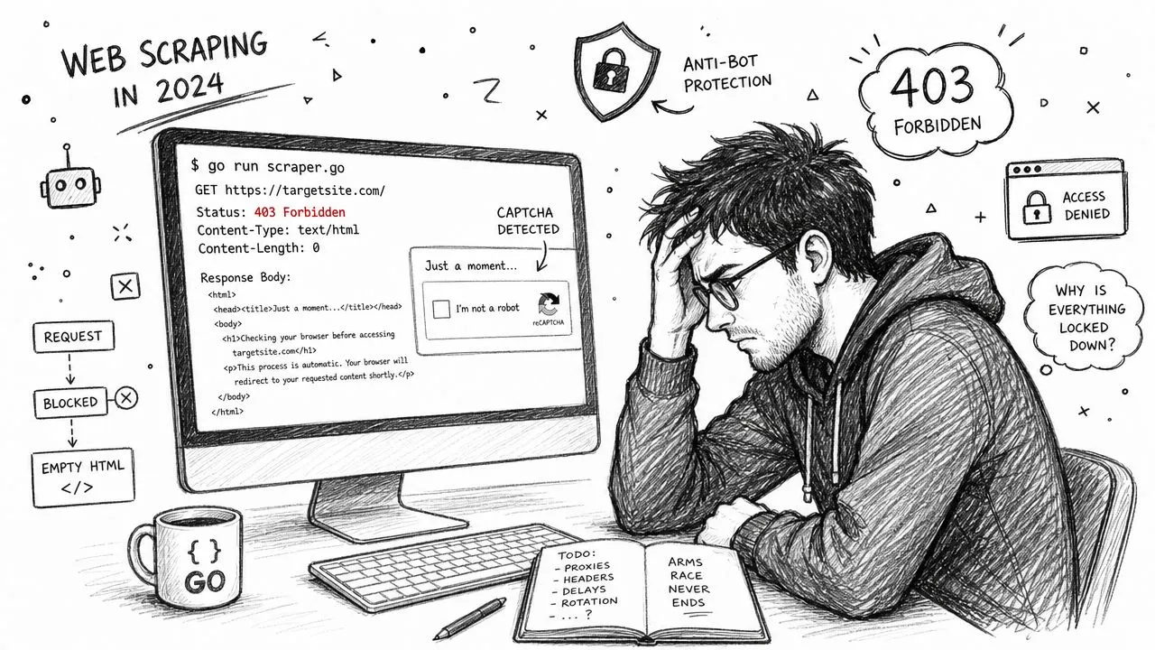 A frustrated developer looking at a computer screen showing 403 Forbidden errors while web scraping in Go.