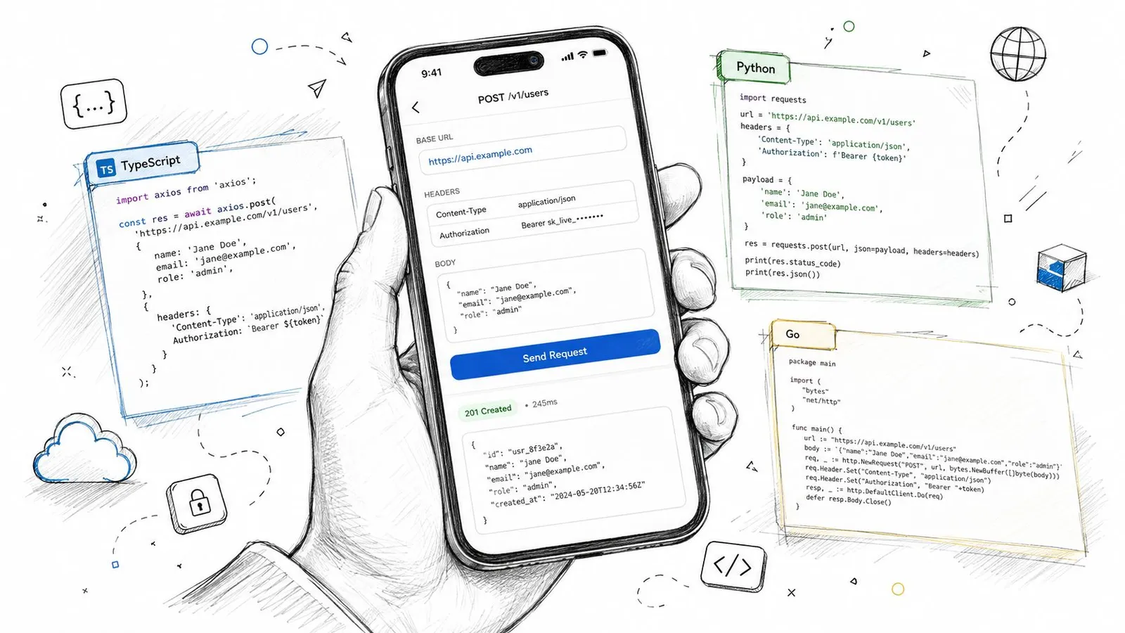 A hand holding a smartphone displaying an API testing interface with surrounding code snippets in various languages.