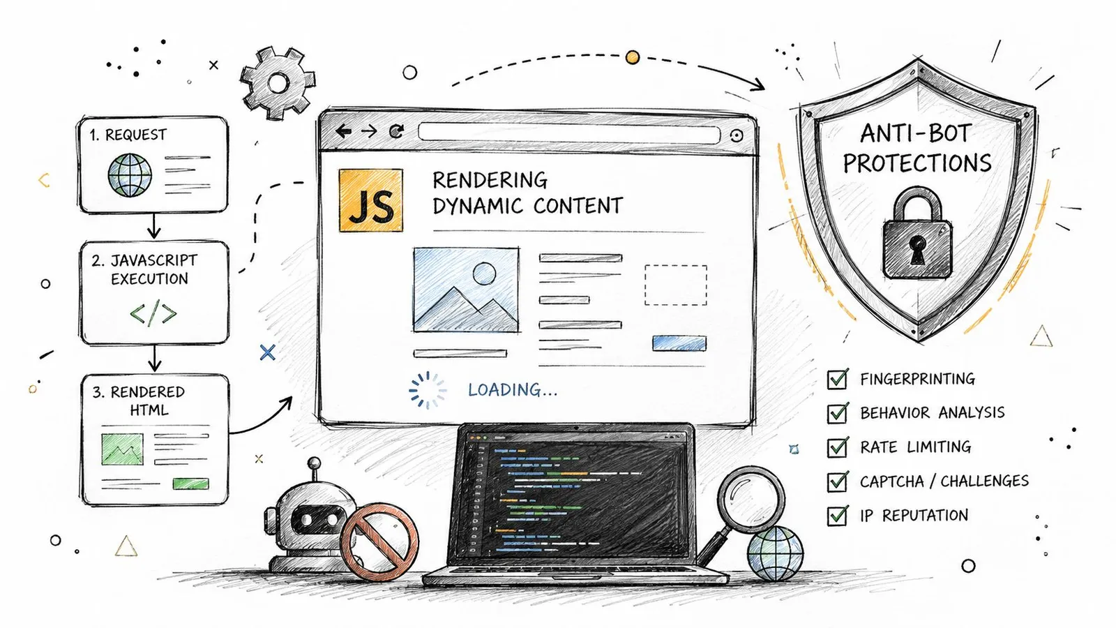 A hand-drawn illustration showing the process of rendering dynamic website content and various anti-bot security protection mechanisms.