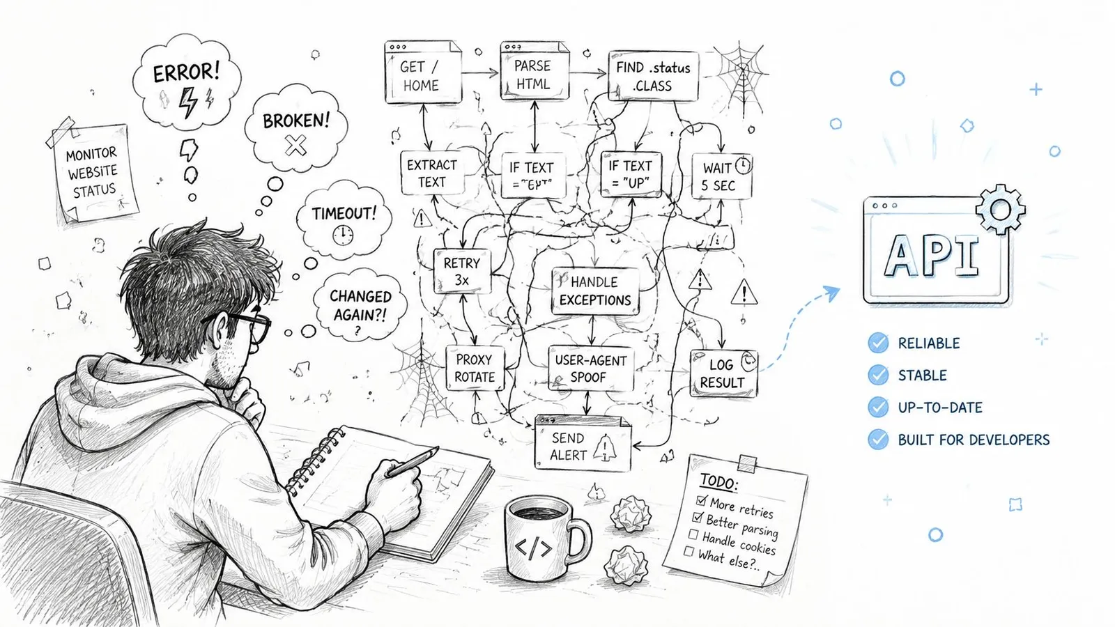 A developer working on complex web scraping logic versus using a reliable API for website change monitoring.