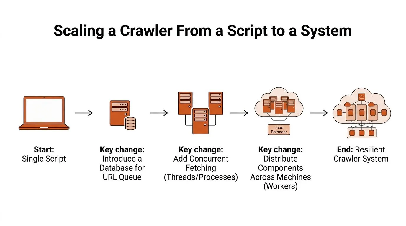 A diagram illustrating the step-by-step evolution of scaling a web crawler from a single script to a resilient system.