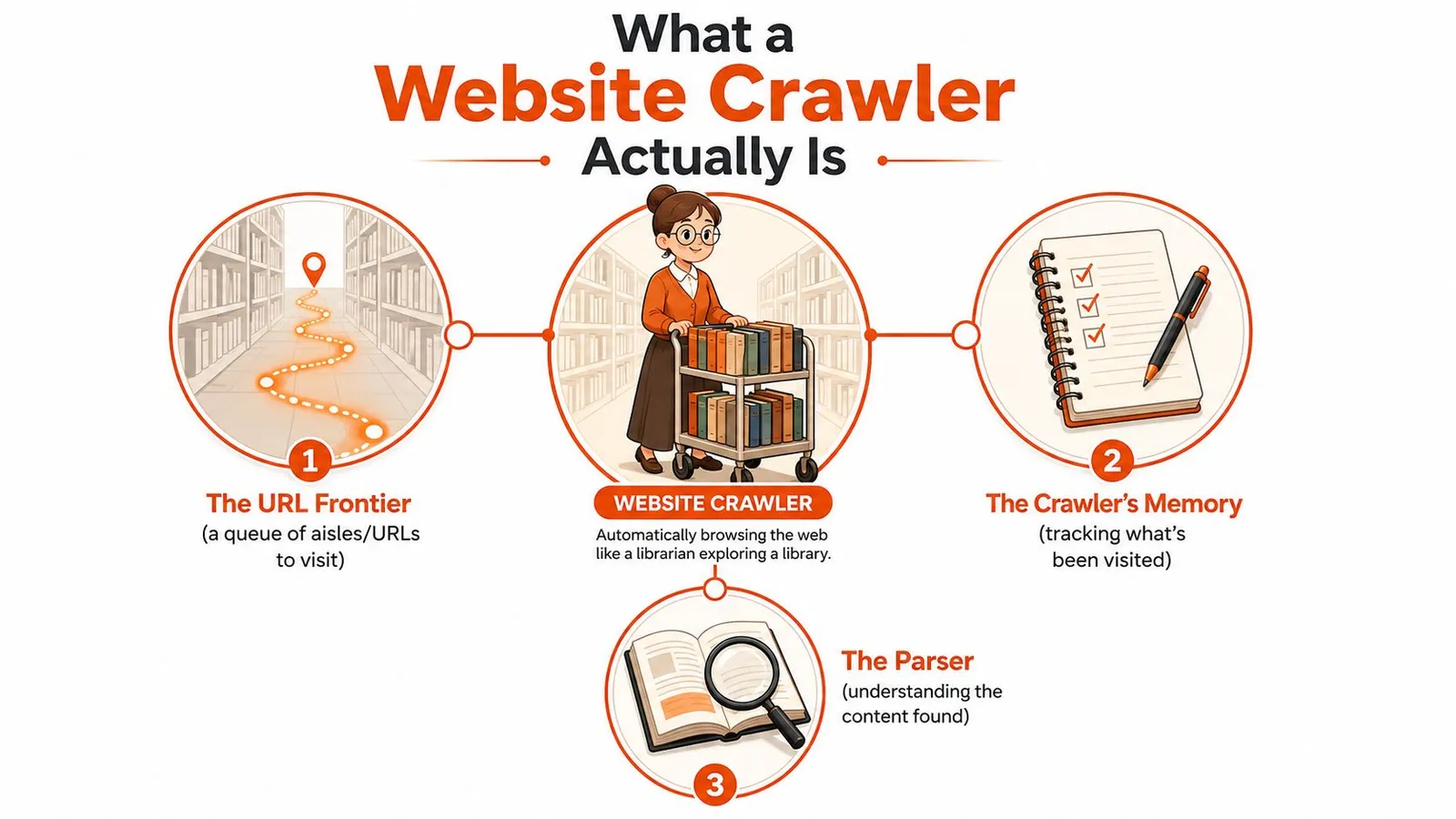 A diagram explaining how a website crawler works using metaphors of a library and a librarian.