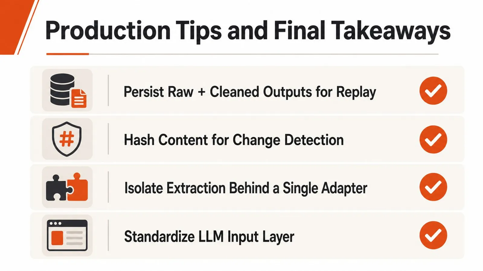 A slide titled Production Tips and Final Takeaways listing four key best practices for LLM development projects.