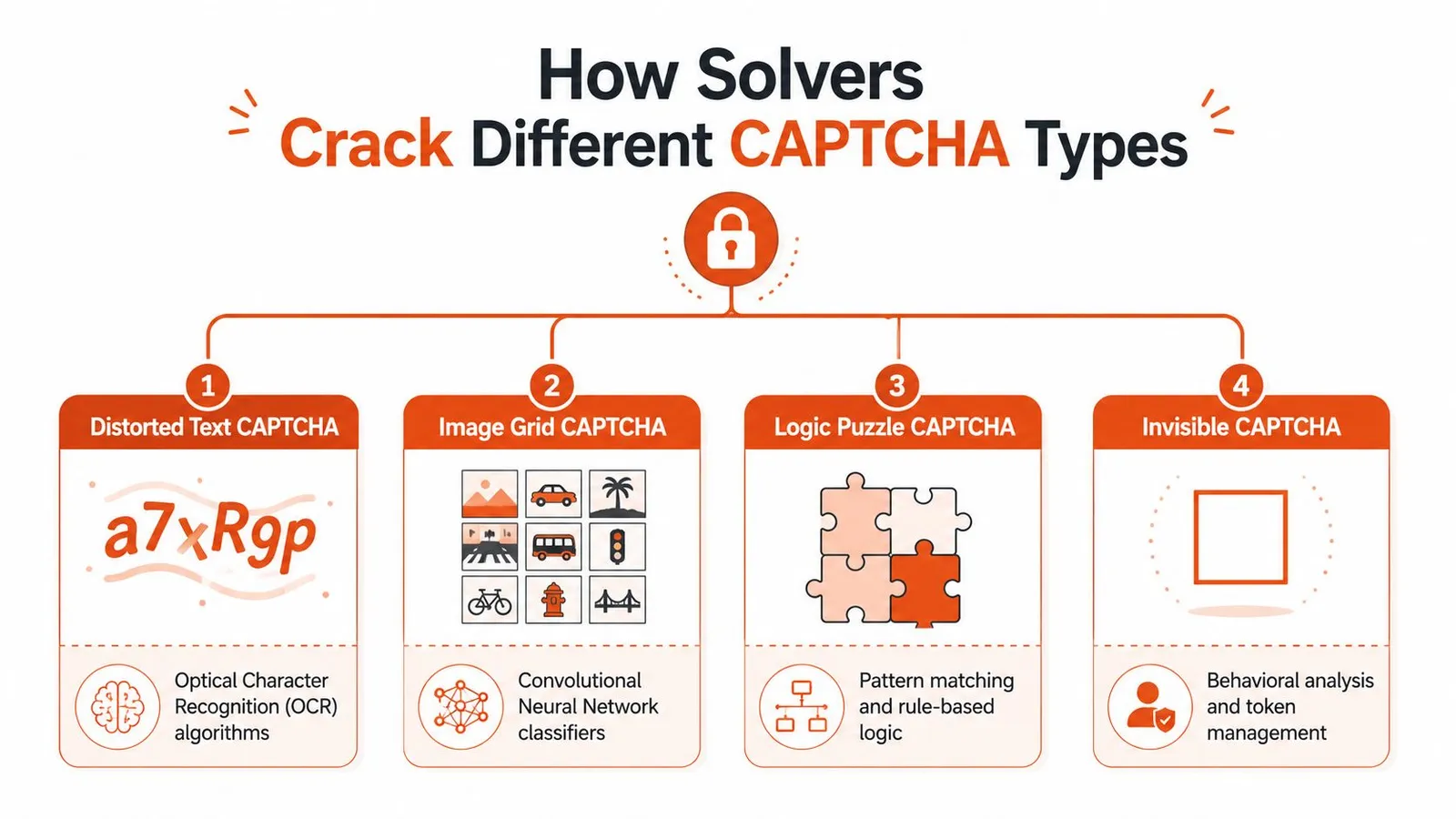 An infographic illustrating four types of CAPTCHAs and the technologies used to crack them, like neural networks.