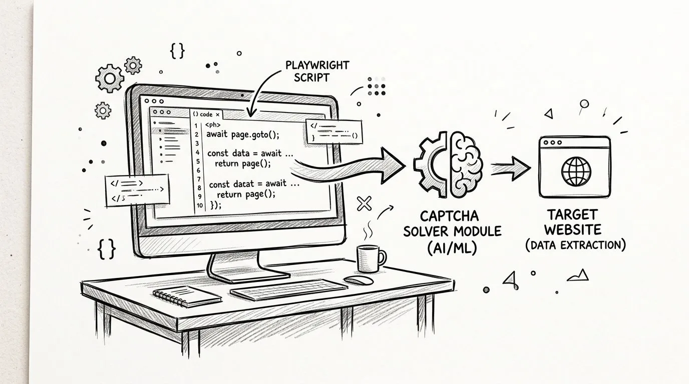 A hand-drawn illustration showing a computer running a Playwright script integrated with an AI captcha solver for web scraping.