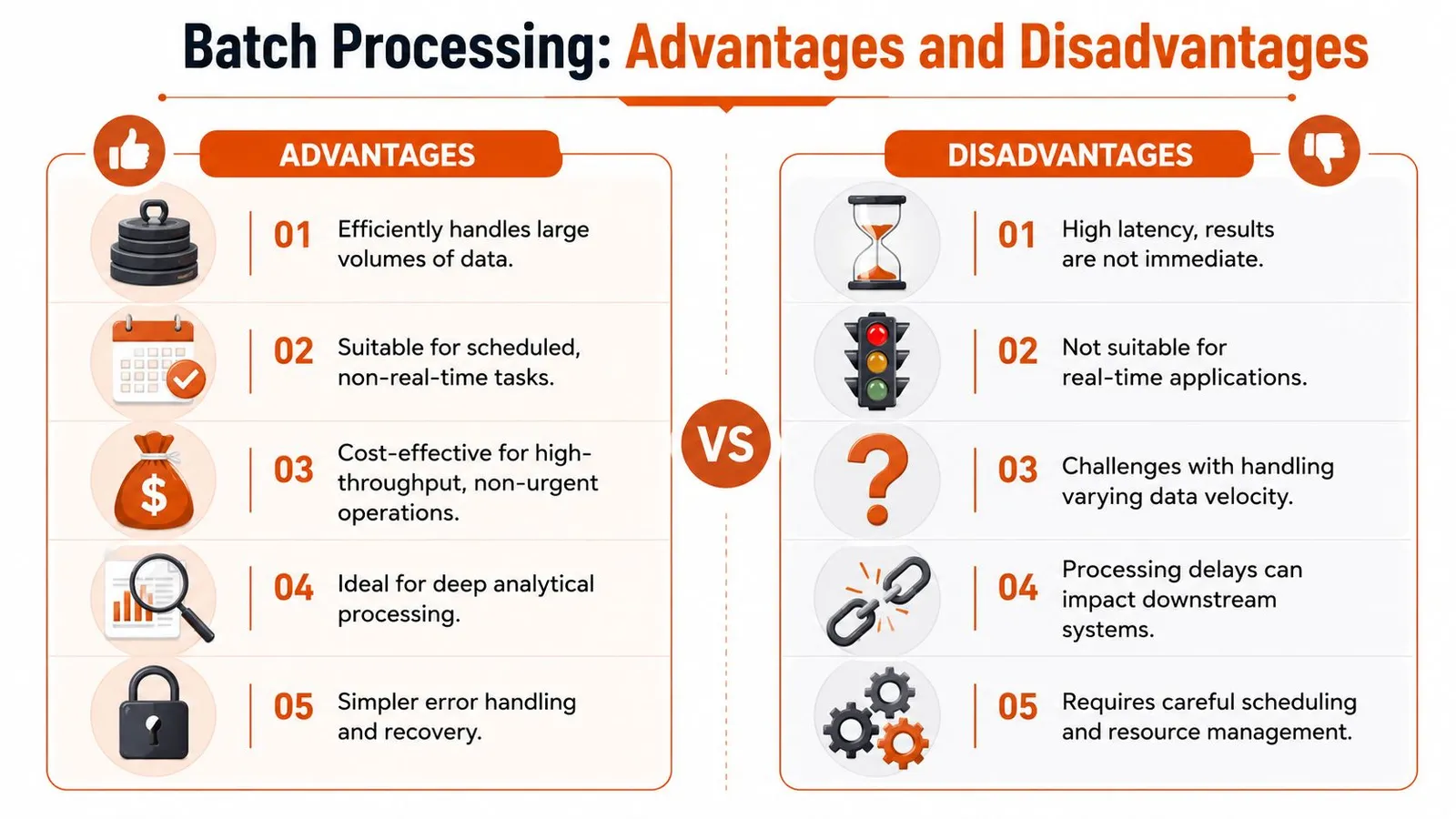 A comparison infographic showing the key advantages and disadvantages of batch processing systems for data management.