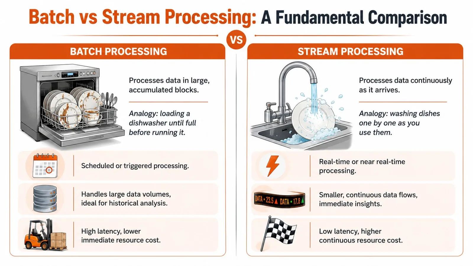 A comparison infographic between batch processing and stream processing using dishwasher and sink analogies.
