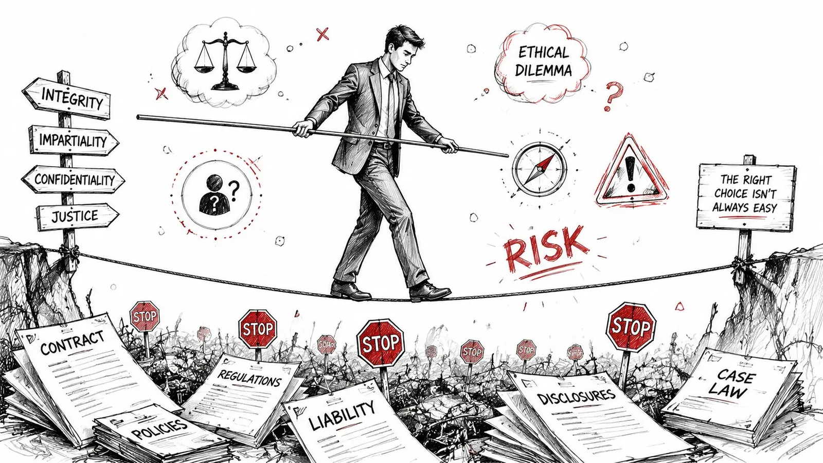 A businessman walking on a tightrope over a landscape filled with legal contracts and ethical challenges.