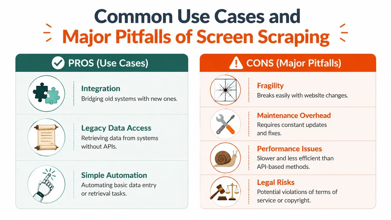 A comparative infographic outlining the common pros and major cons associated with screen scraping technology.