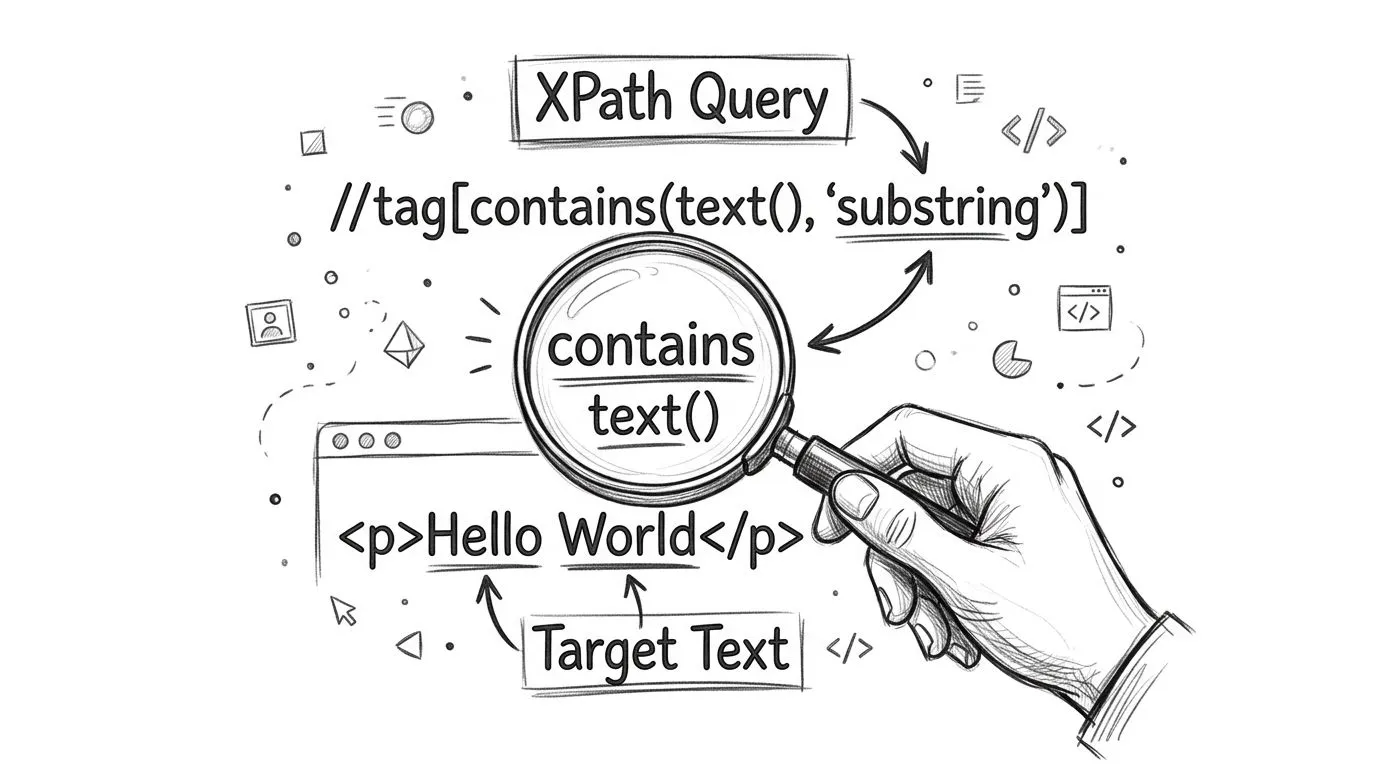 A hand holding a magnifying glass over an HTML tag to illustrate finding text using XPath queries.