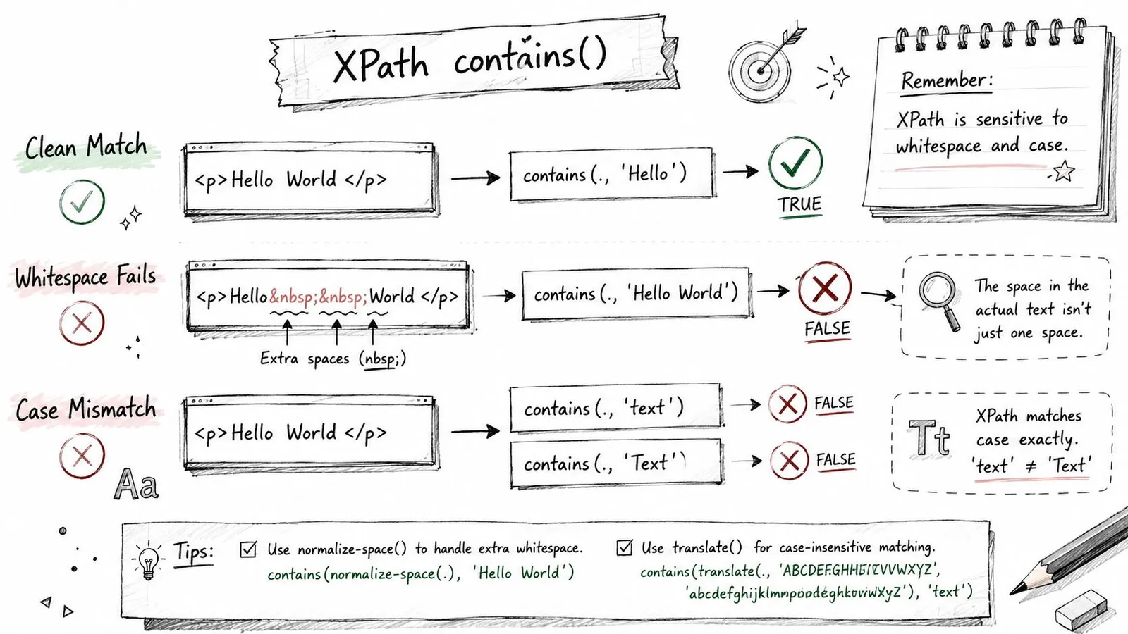 A hand-drawn infographic illustrating common pitfalls and solutions when using the XPath contains function for web scraping.