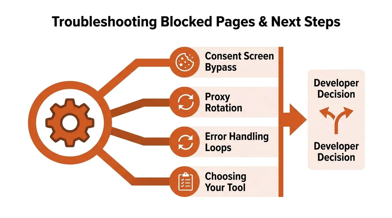 A flowchart titled Troubleshooting Blocked Pages showing four strategies leading to a final developer decision point.