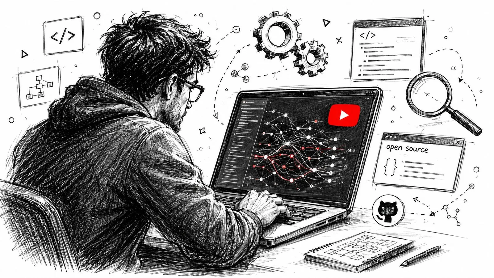 A black and white sketch of a programmer working on code using a laptop with software analysis.